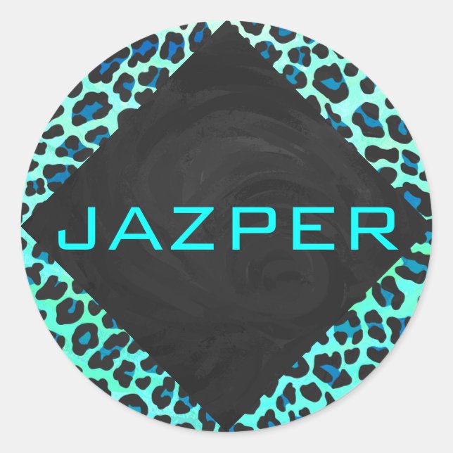 Leopard Schwarz und Aquamarin Runder Aufkleber (Vorderseite)