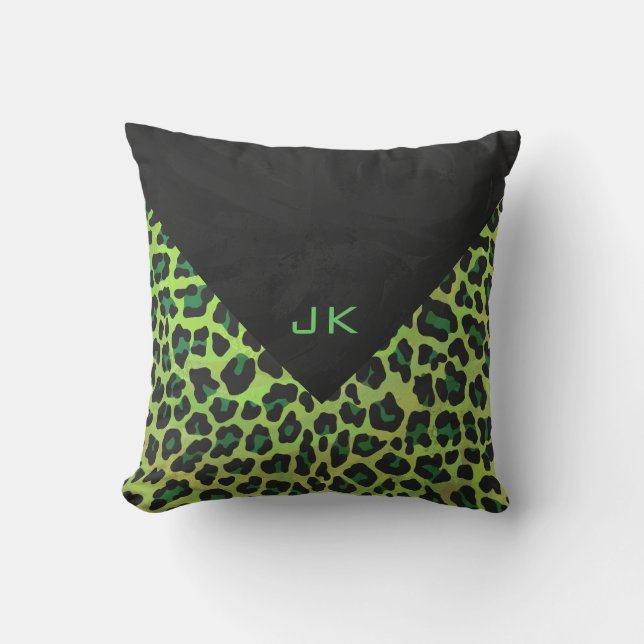Leopard Schwarz und Grün mit Monogramm Kissen (Vorderseite)