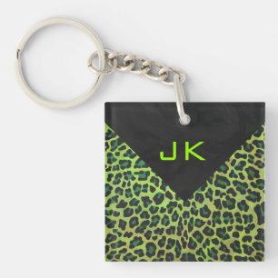 Leopard Schwarz und Grün mit Monogramm Schlüsselanhänger