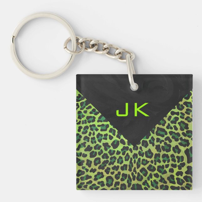 Leopard Schwarz und Grün mit Monogramm Schlüsselanhänger (Vorderseite)