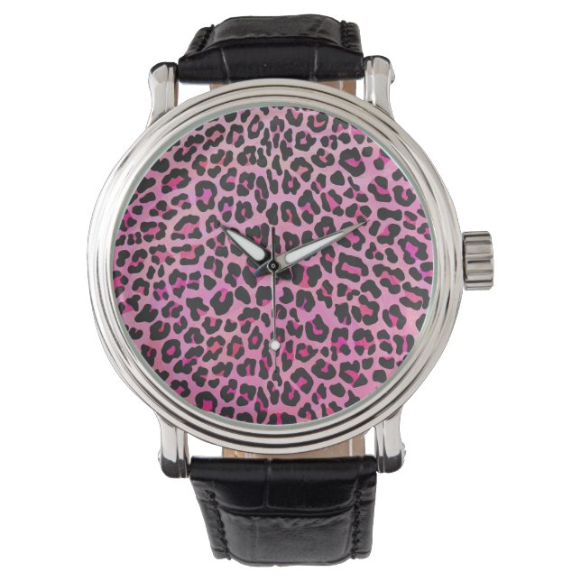 Leopard, Schwarz und Heiß-Rosa Armbanduhr (Vorderseite)
