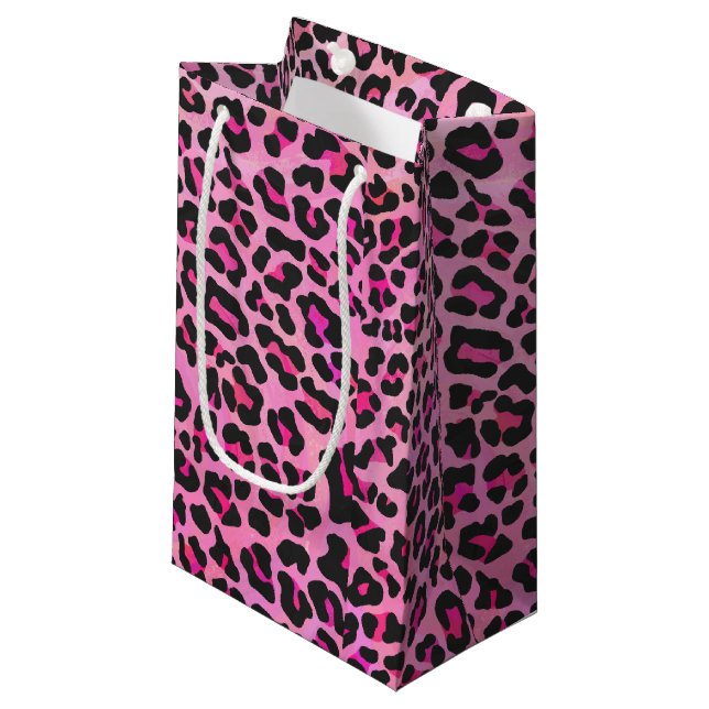 Leopard, Schwarz und Heiß-Rosa Kleine Geschenktüte (Vorderseite Schrägansicht)