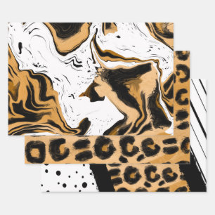 Leopard, schwarze und weiße Streifen und Polka-Pun Geschenkpapier Set