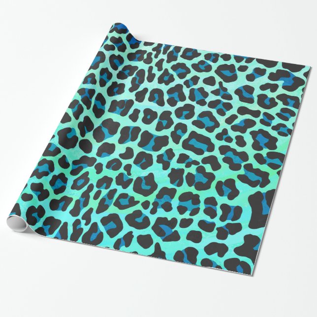 Leopard-schwarzer und aquamariner Druck Geschenkpapier (Ungerollt)
