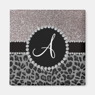 Leopard-Silber-Glitter des Monogramms schwarzer Magnet