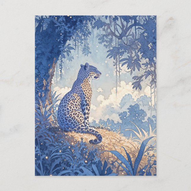 Leopard sitzt im nebligen Indigo-Aquarellwald Postkarte (Vorderseite)