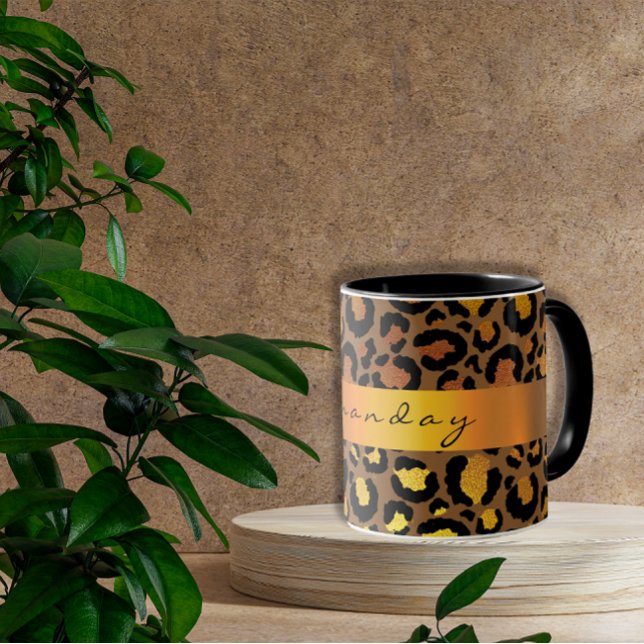 Leopard Skin Black Honey Gold Streifen Name Glam Tasse (Leopard Skin Black Honey Gold Stripe Name Glam Mug)