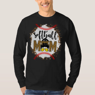 Leopard Softball Mama Life Messy Bun Hair Glasses T-Shirt