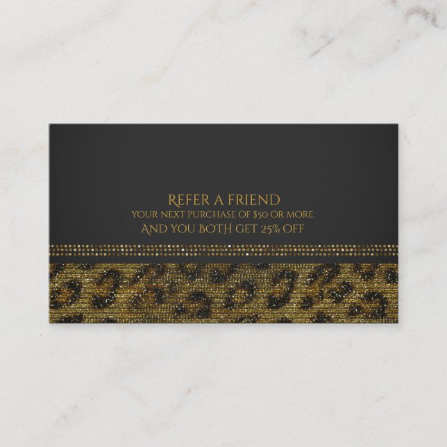 Leopard Sparkle Sequins Glam Chic Refer a Friend Empfehlungskarte (Vorderseite)
