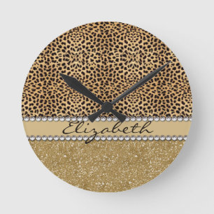 Leopard Spot Gold Glitter Rhinestone FOTO PRINT Runde Wanduhr