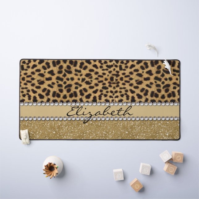 Leopard Spot Gold Glitter Rhinestone FOTO PRINT Schreibtischunterlage (Kindertisch)