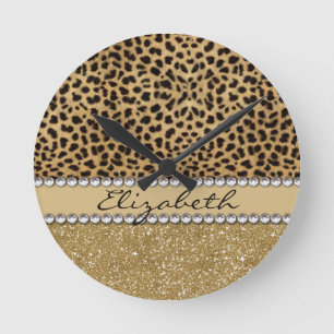 Leopard Spot Gold Glitter Rhinestone PHOTO PRINT Runde Wanduhr