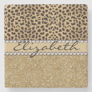 Leopard Spot Gold Glitzer Kristall FOTO PRINT Steinuntersetzer