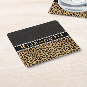 Leopard Spot Kristall Diamonds Monogram FOTO Rechteckiger Pappuntersetzer