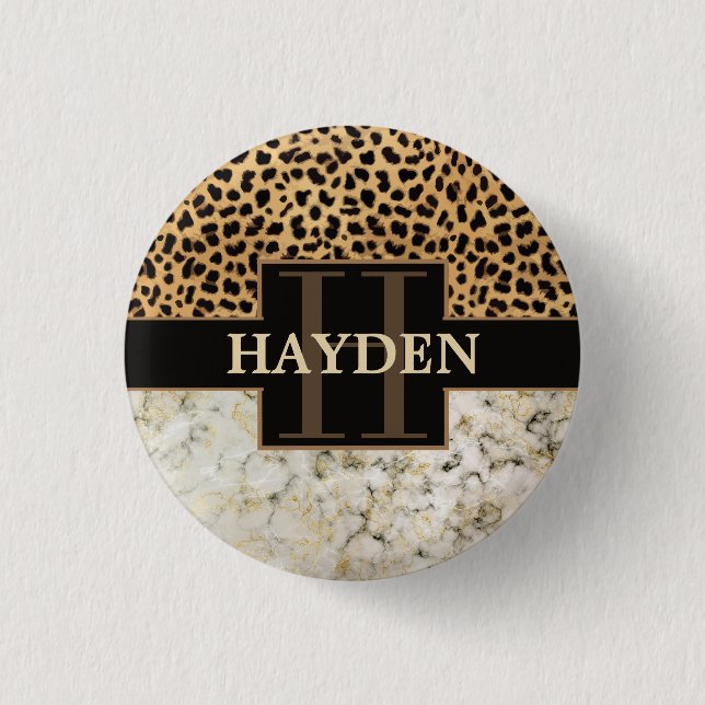 Leopard-Stellen-Marmor-Monogramm-Name Button (Vorderseite)