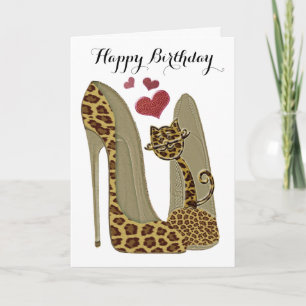 Leopard Stiletto Shoes and Cat Art Karte