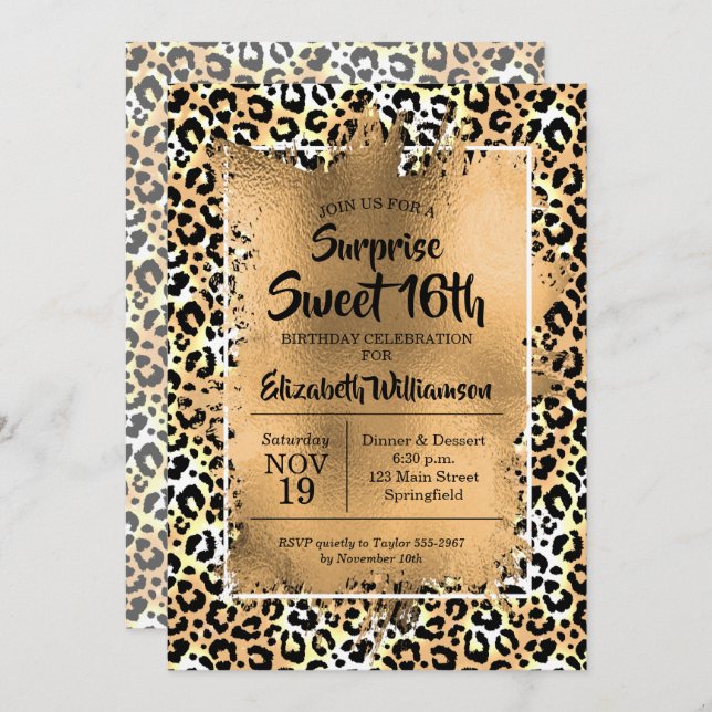 Leopard Sweet 16. Geburtstagsparty Einladungen (Vorne/Hinten)