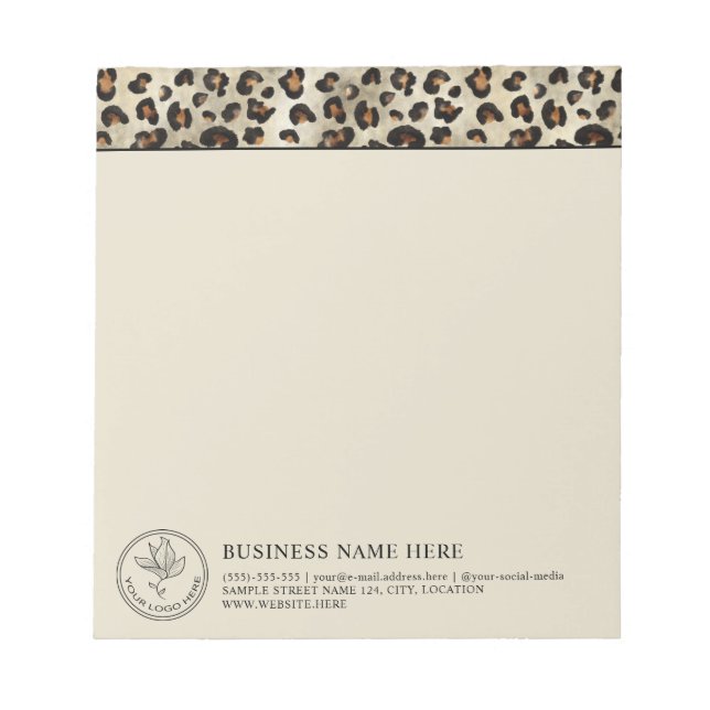 Leopard-Tierdruck mit Firmenlogo und Informationen Notizblock (Vorderseite)