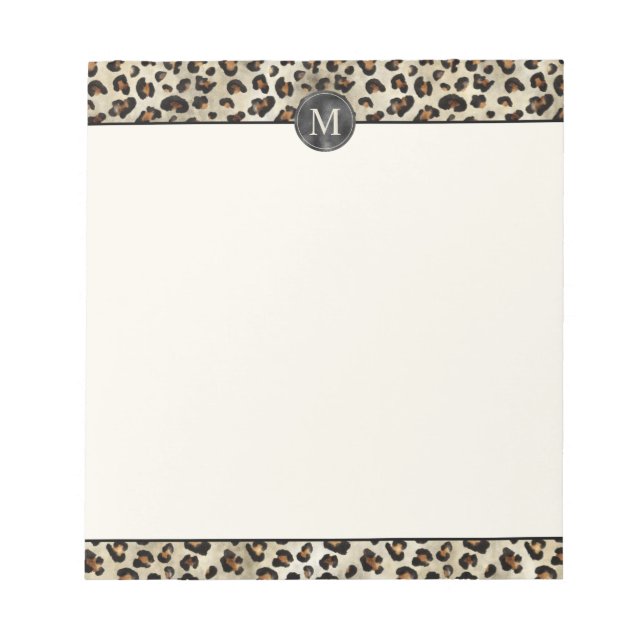 Leopard-Tierdruck mit schwarzer Fauxfolie-Monogram Notizblock (Vorderseite)
