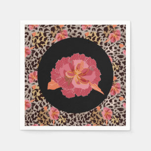 Leopard-Tierdruck und rosa Blumen auf Schwarz Serviette