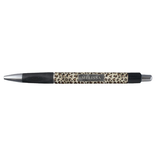 Leopard-Tierdruckmuster in Beige mit Namen Kugelschreiber (Vorderseite)