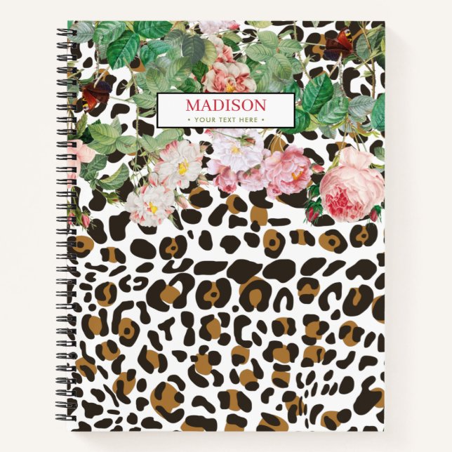 Leopard Tierdruckmuster Vintag florale Notizbuch (Vorderseite)