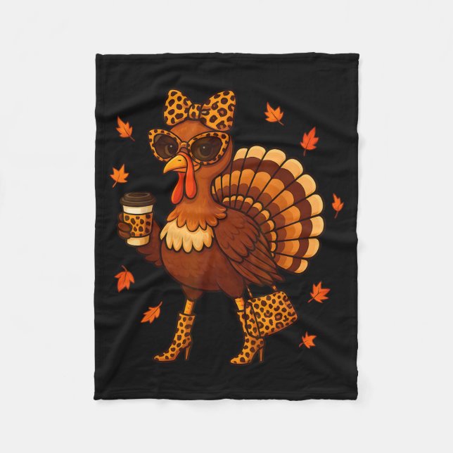 Leopard Turkey Drinking Coffee Thanksgiving Women  Fleecedecke (Vorderseite)