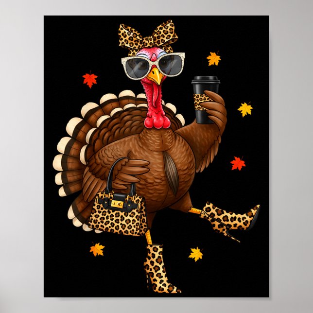 Leopard Turkey Drinking Coffee Thanksgiving Women  Poster (Vorne)