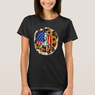 Leopard Turquoise American Flag Peace Sign Hippie T-Shirt