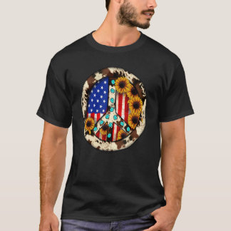 Leopard Turquoise American Flag Peace Sign Hippie T-Shirt