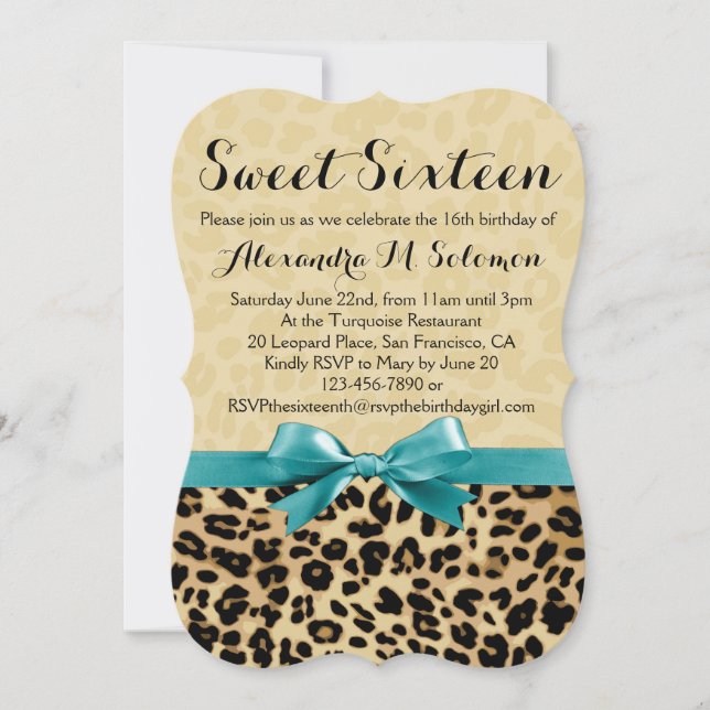Leopard Turquoise Bow Sweet 16 Party Einladung (Vorderseite)