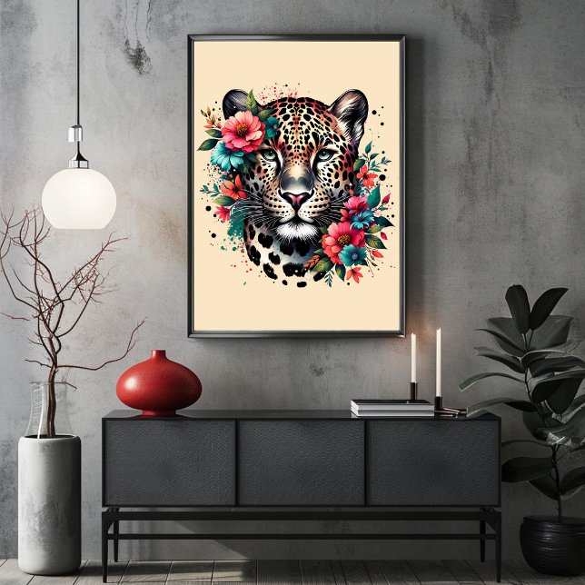 Leopard und Blume in Atemberaubendem Aquarellfarbe Poster (Leopard and Flowers in Stunning Watercolor Poster)