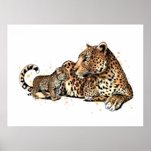 Leopard und Jungtier Poster