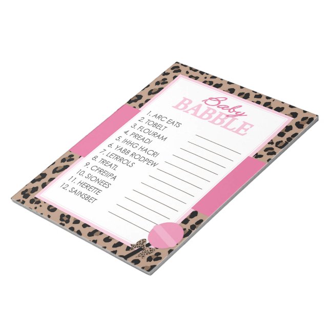 Leopard und Pink Word entwirren Baby Showspiel Notizblock (angewinkelt)