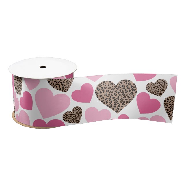 Leopard und rosa Herzen Satinband (Spule)