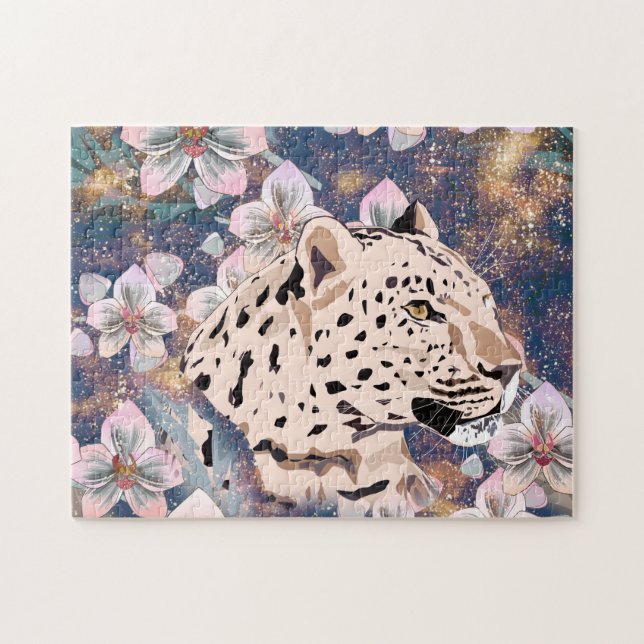 Leopard und rosa Orchid. Puzzle (Horizontal)