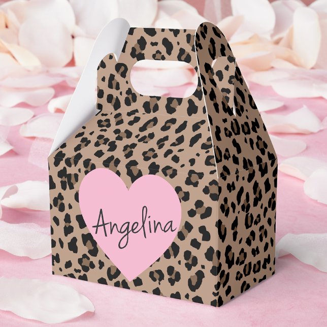 Leopard und rosa Party Geschenkschachtel (Leopard and Pink Party Favor Boxes. Hand write your guests name in the heart or leave it blank!)