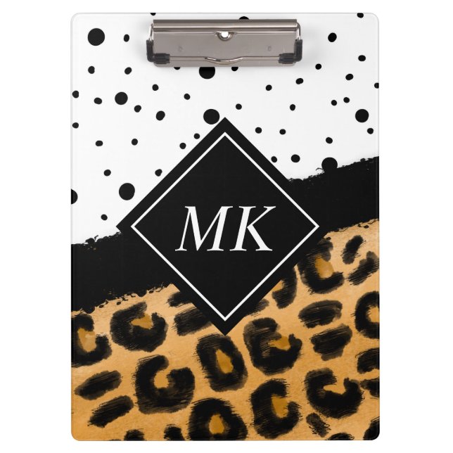 Leopard und Schwarz-Weiß-Polka-Punkte Mit Monogram Klemmbrett (Vorderseite)
