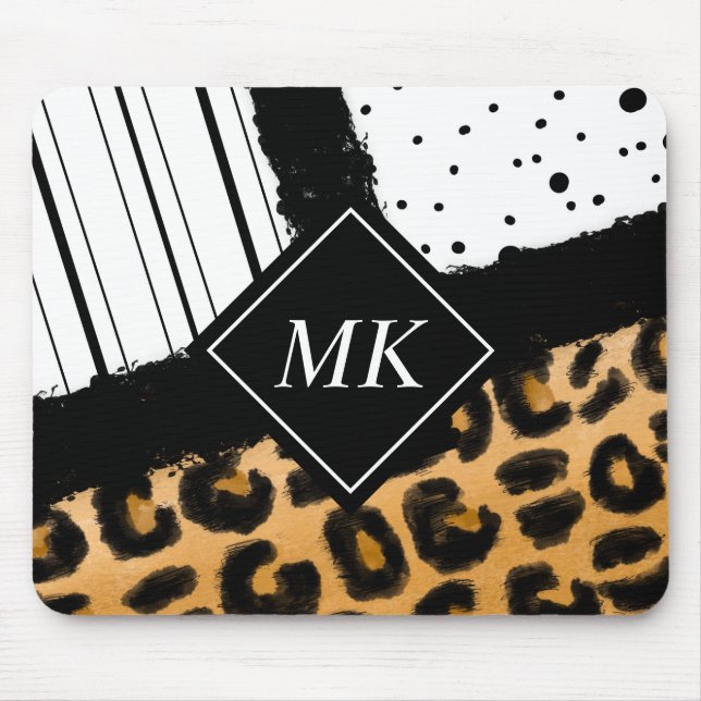 Leopard und Schwarz-Weiß-Polka-Punkte Mit Monogram Mousepad (Vorne)