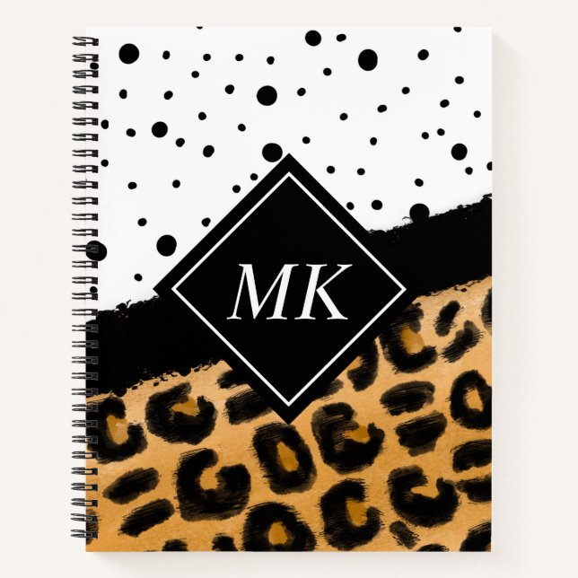 Leopard und Schwarz-Weiß-Polka-Punkte Mit Monogram Notizbuch (Vorderseite)