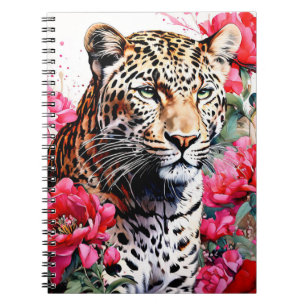 Leopard unter rosa Pfingstrosen-Blumen Notizbuch J Notizblock