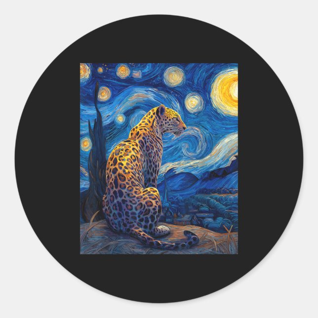 Leopard - Van Gogh Style Starry Night Funny Graphi Runder Aufkleber (Vorderseite)