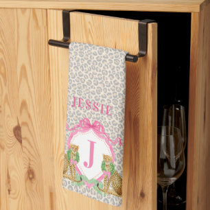 Leopard-Weihnachts-Wappen-Monogramm mit Namen Geschirrtuch