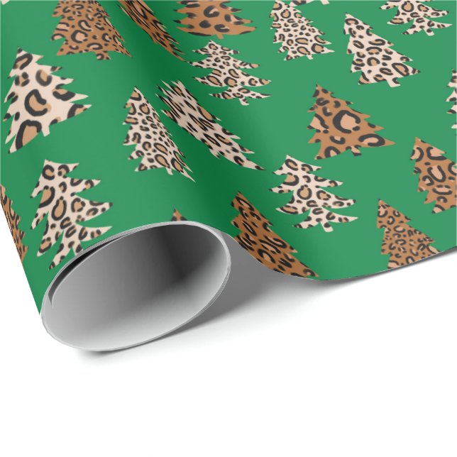 Leopard Weihnachtsbäume grün Geschenkpapier (Rolleneckpunkt)