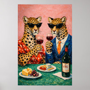 Leopard-Weinparty-Plakat, Lustige Tier-Wandkunst Poster