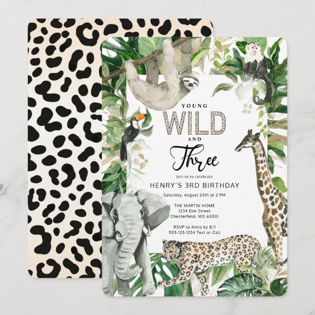 Leopard Young Wild und Three Safari Geburtstag Einladung (Vorne/Hinten)