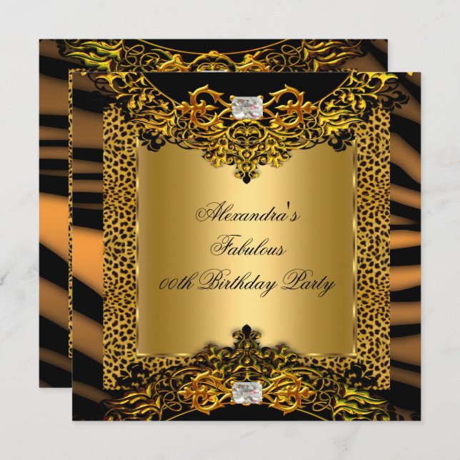 Leopard Zebra Gold Black Lace Diamond Geburtstag Einladung (Vorne/Hinten)