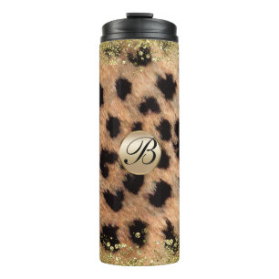 Leopardcheetah-Tierdruck-GoldGlitzer-Monogramm Thermosbecher