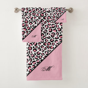 Leoparddruck in rosa weiß und schwarz mit Monogram Badhandtuch Set