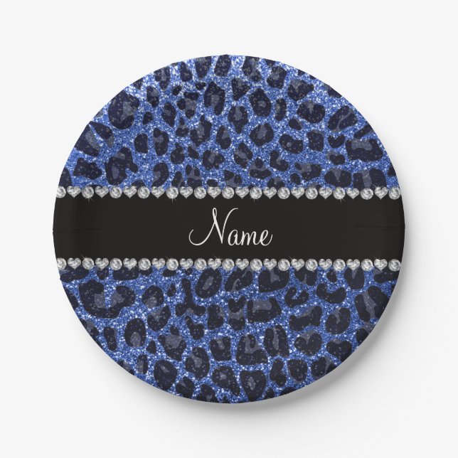 Leoparddruck individuelle Name Blau Glitzer Pappteller (Vorderseite)